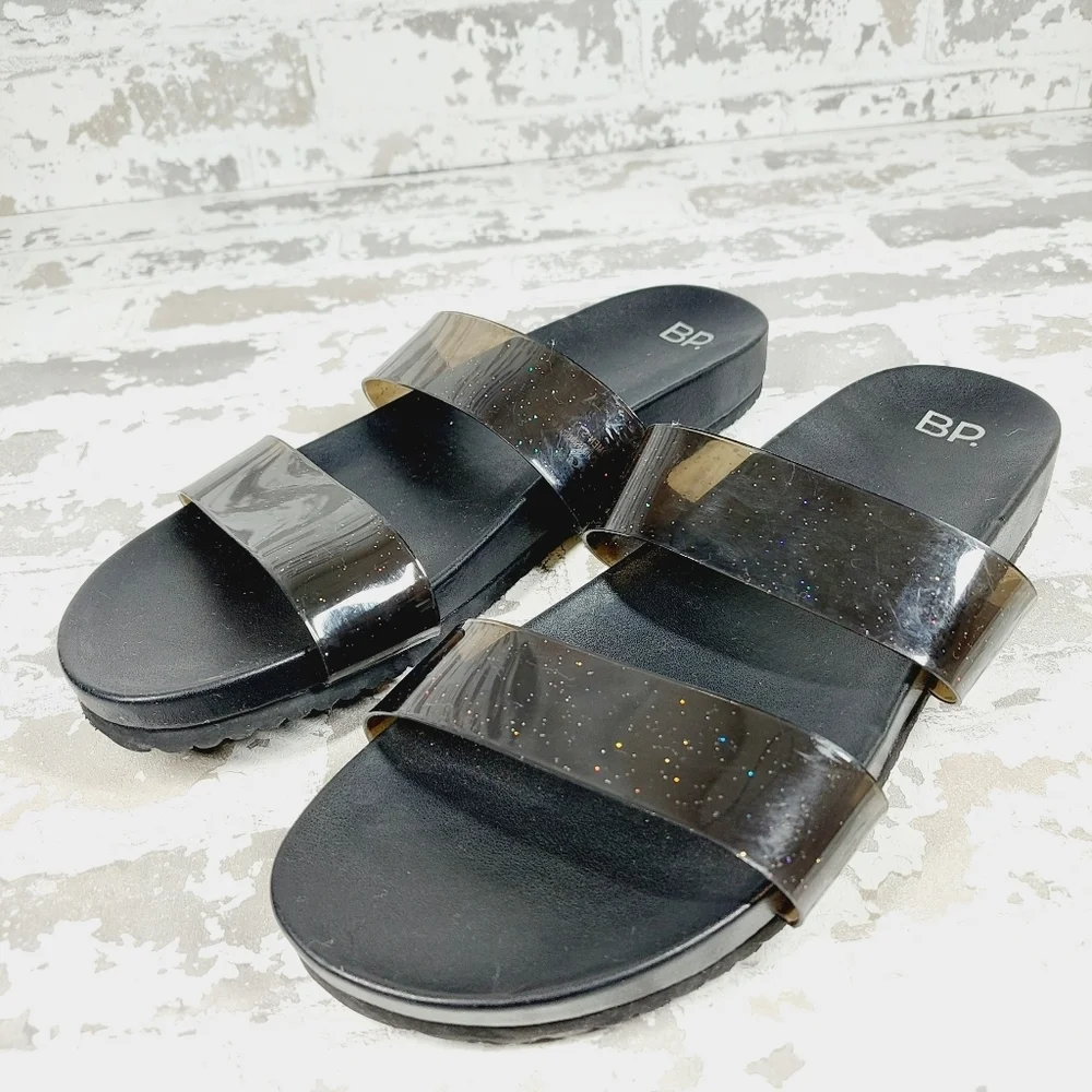 NEW BP. Black Strappy Slip On Summer Flat Unisex Beach Sandals M1000